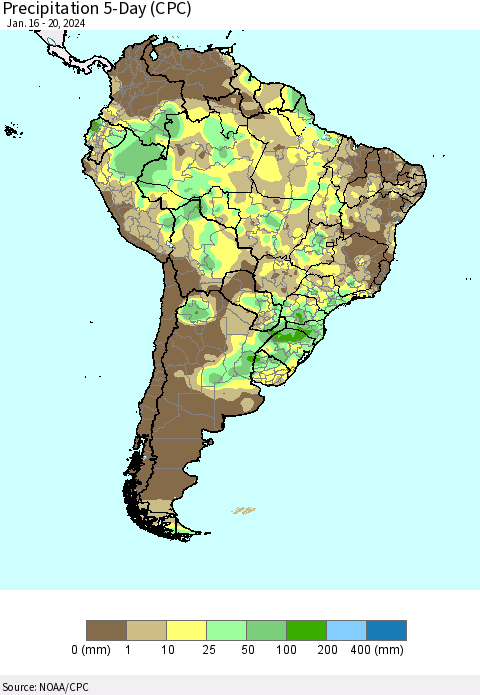 South America Precipitation 5-Day (CPC) Thematic Map For 1/16/2024 - 1/20/2024