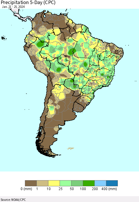 South America Precipitation 5-Day (CPC) Thematic Map For 1/21/2024 - 1/25/2024