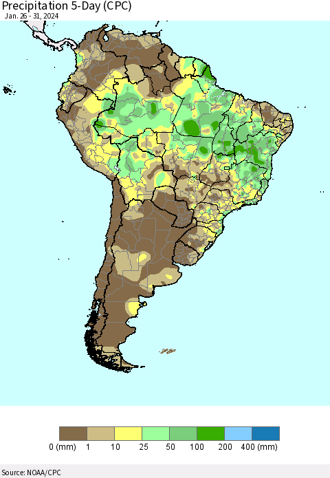 South America Precipitation 5-Day (CPC) Thematic Map For 1/26/2024 - 1/31/2024