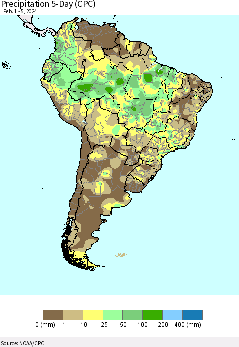South America Precipitation 5-Day (CPC) Thematic Map For 2/1/2024 - 2/5/2024