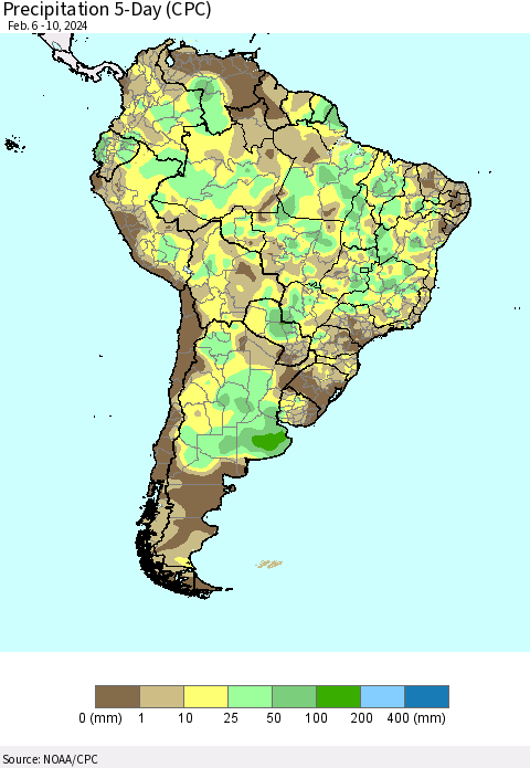 South America Precipitation 5-Day (CPC) Thematic Map For 2/6/2024 - 2/10/2024