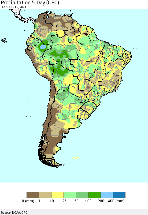 South America Precipitation 5-Day (CPC) Thematic Map For 2/11/2024 - 2/15/2024