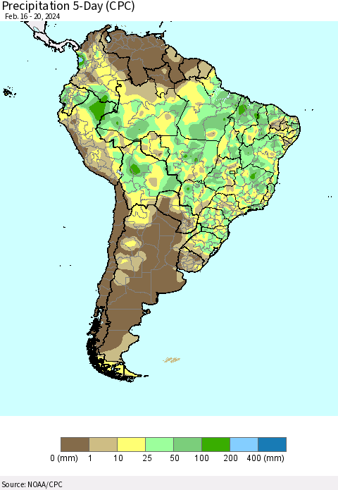 South America Precipitation 5-Day (CPC) Thematic Map For 2/16/2024 - 2/20/2024