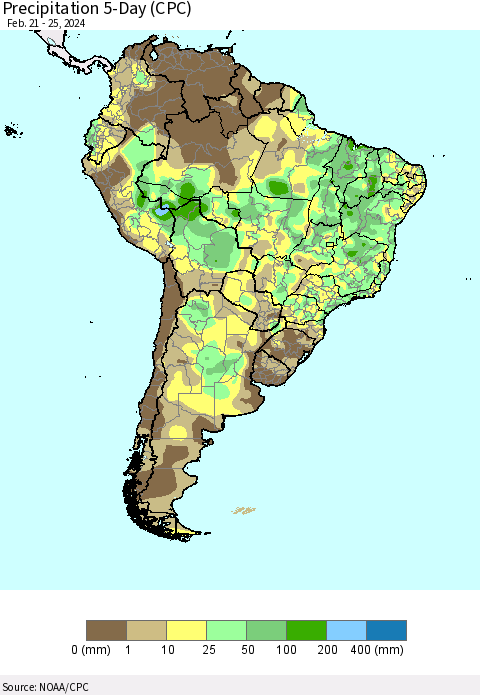 South America Precipitation 5-Day (CPC) Thematic Map For 2/21/2024 - 2/25/2024