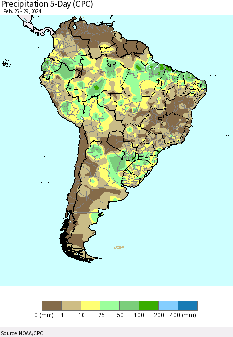 South America Precipitation 5-Day (CPC) Thematic Map For 2/26/2024 - 2/29/2024