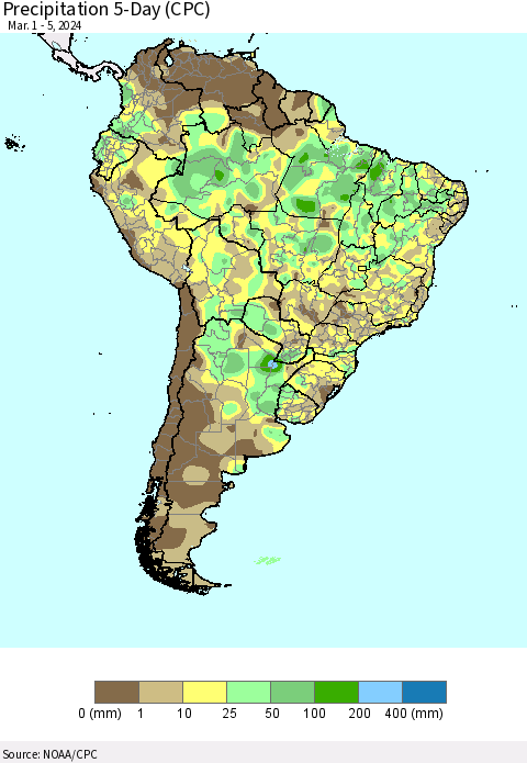South America Precipitation 5-Day (CPC) Thematic Map For 3/1/2024 - 3/5/2024