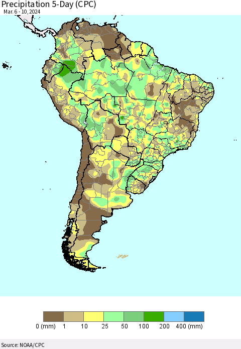 South America Precipitation 5-Day (CPC) Thematic Map For 3/6/2024 - 3/10/2024