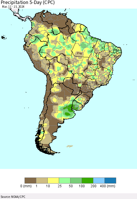 South America Precipitation 5-Day (CPC) Thematic Map For 3/11/2024 - 3/15/2024