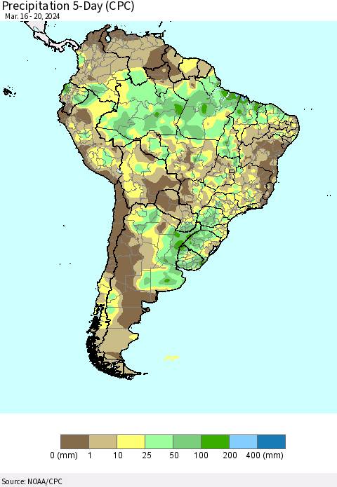 South America Precipitation 5-Day (CPC) Thematic Map For 3/16/2024 - 3/20/2024