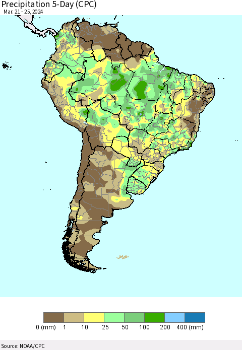 South America Precipitation 5-Day (CPC) Thematic Map For 3/21/2024 - 3/25/2024
