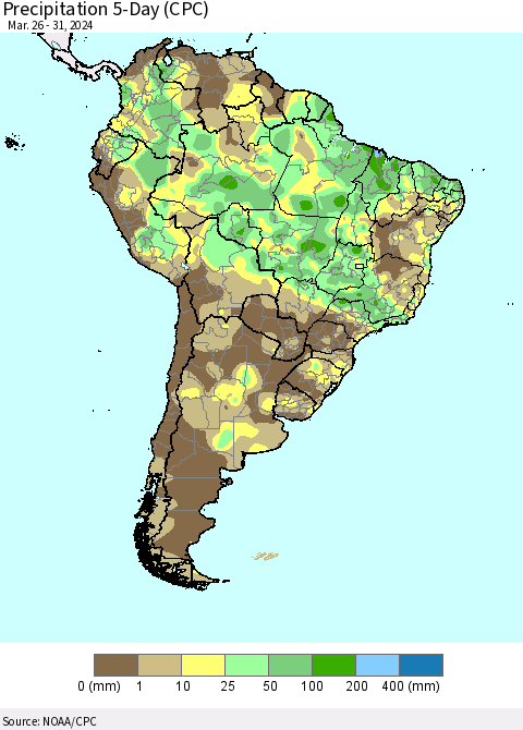 South America Precipitation 5-Day (CPC) Thematic Map For 3/26/2024 - 3/31/2024