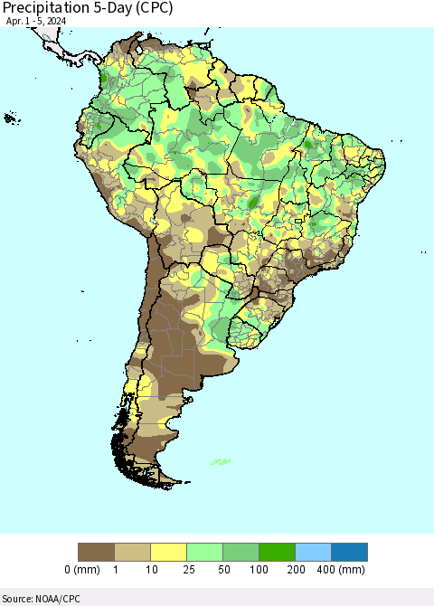 South America Precipitation 5-Day (CPC) Thematic Map For 4/1/2024 - 4/5/2024