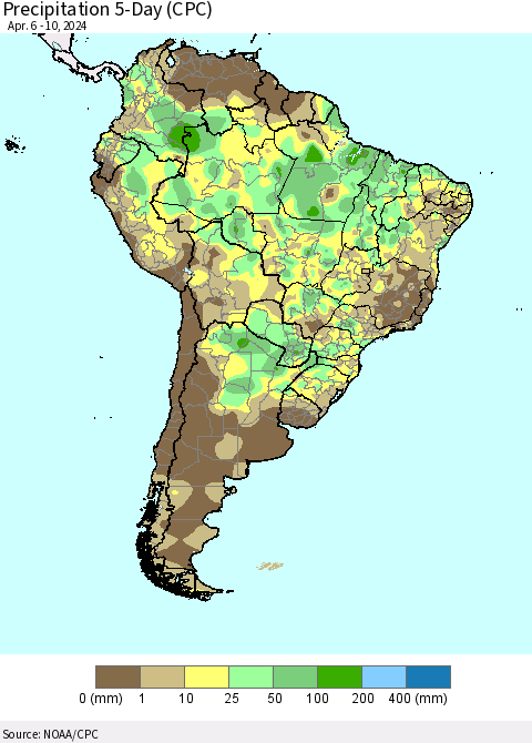 South America Precipitation 5-Day (CPC) Thematic Map For 4/6/2024 - 4/10/2024