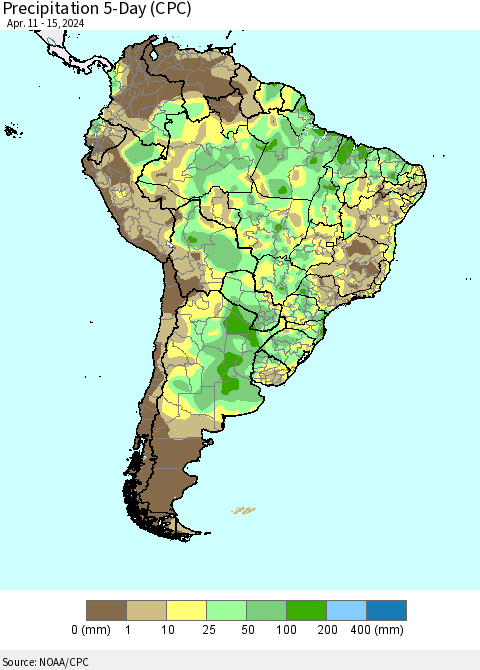 South America Precipitation 5-Day (CPC) Thematic Map For 4/11/2024 - 4/15/2024