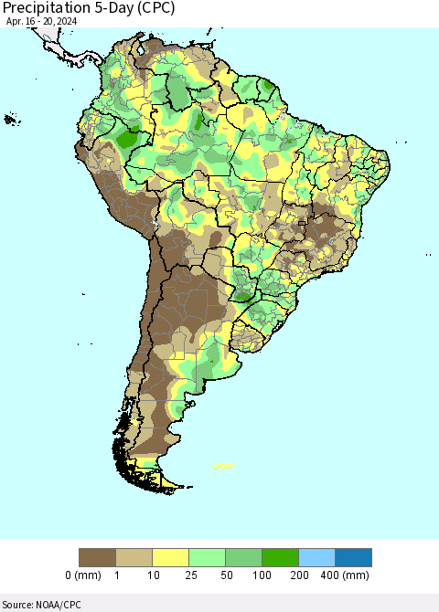 South America Precipitation 5-Day (CPC) Thematic Map For 4/16/2024 - 4/20/2024