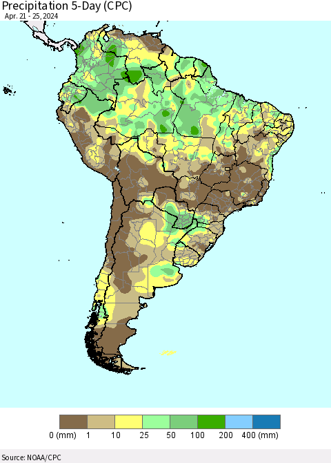 South America Precipitation 5-Day (CPC) Thematic Map For 4/21/2024 - 4/25/2024