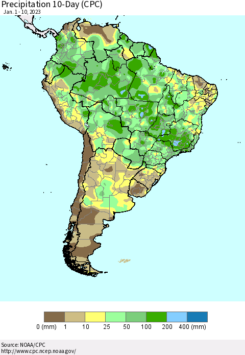 South America Precipitation 10-Day (CPC) Thematic Map For 1/1/2023 - 1/10/2023