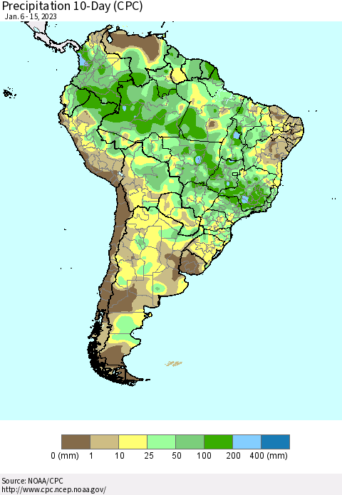 South America Precipitation 10-Day (CPC) Thematic Map For 1/6/2023 - 1/15/2023