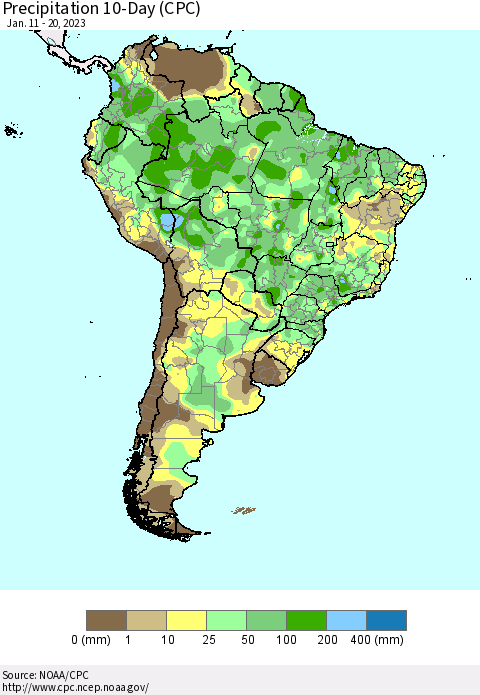 South America Precipitation 10-Day (CPC) Thematic Map For 1/11/2023 - 1/20/2023