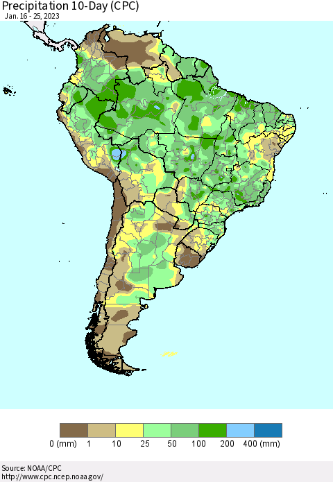 South America Precipitation 10-Day (CPC) Thematic Map For 1/16/2023 - 1/25/2023