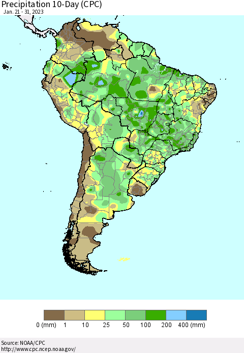 South America Precipitation 10-Day (CPC) Thematic Map For 1/21/2023 - 1/31/2023