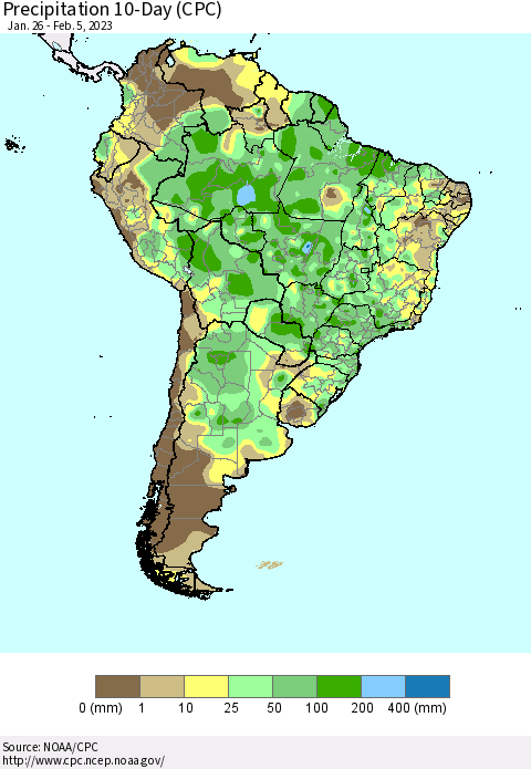 South America Precipitation 10-Day (CPC) Thematic Map For 1/26/2023 - 2/5/2023