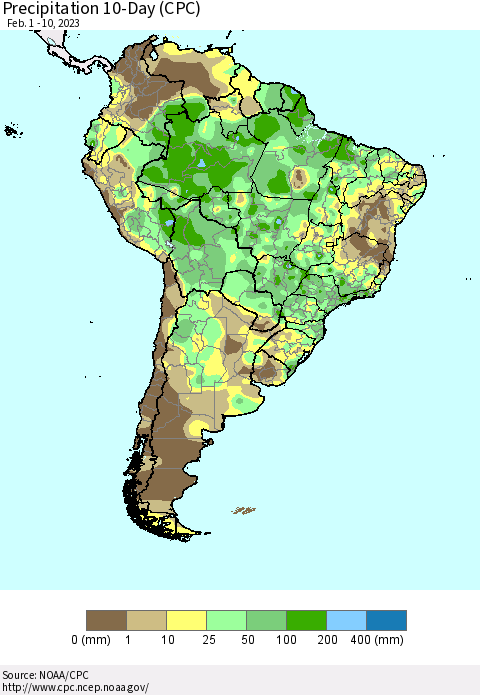 South America Precipitation 10-Day (CPC) Thematic Map For 2/1/2023 - 2/10/2023