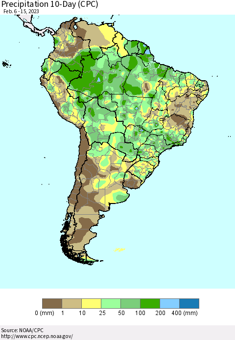 South America Precipitation 10-Day (CPC) Thematic Map For 2/6/2023 - 2/15/2023