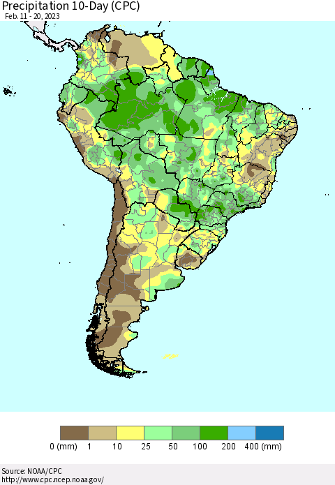 South America Precipitation 10-Day (CPC) Thematic Map For 2/11/2023 - 2/20/2023