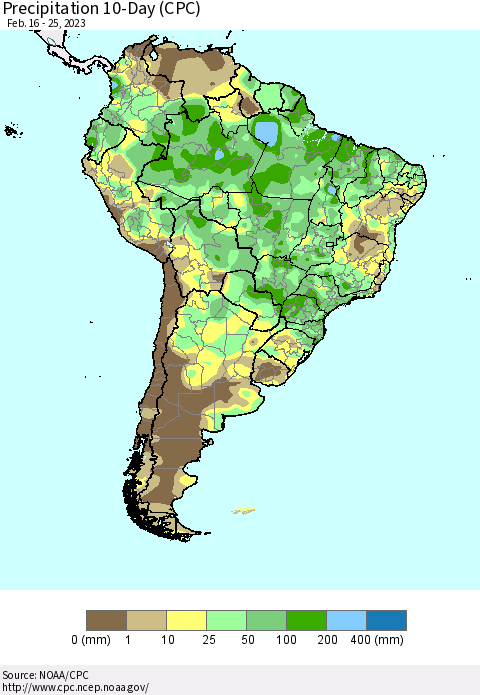 South America Precipitation 10-Day (CPC) Thematic Map For 2/16/2023 - 2/25/2023