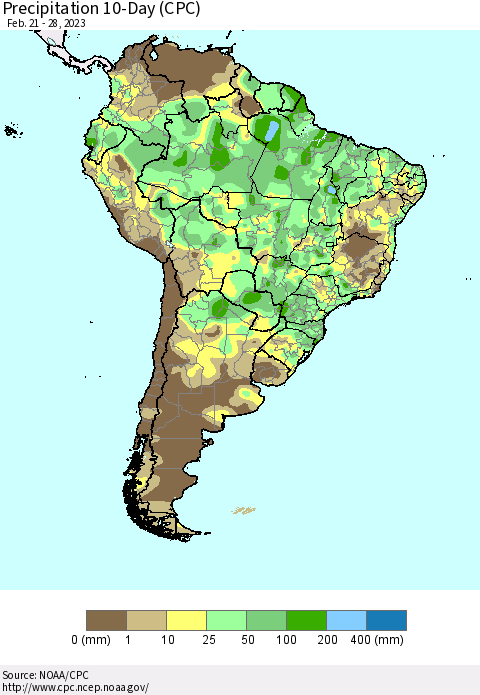 South America Precipitation 10-Day (CPC) Thematic Map For 2/21/2023 - 2/28/2023