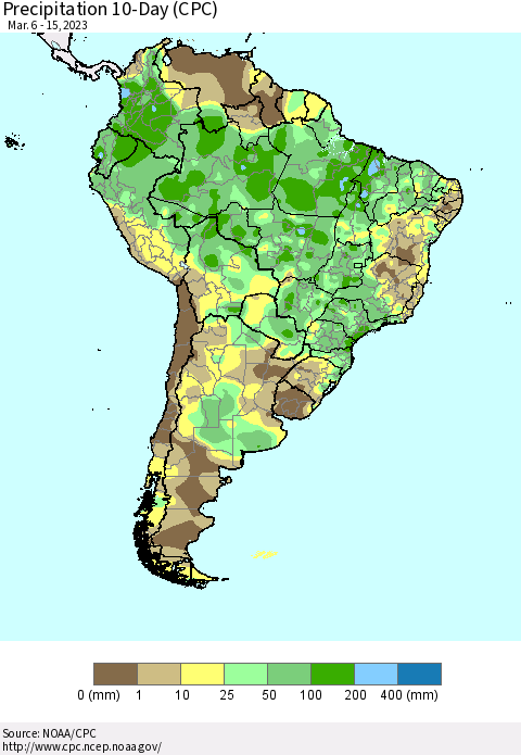 South America Precipitation 10-Day (CPC) Thematic Map For 3/6/2023 - 3/15/2023