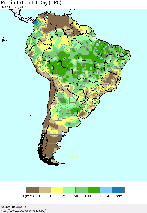 South America Precipitation 10-Day (CPC) Thematic Map For 3/16/2023 - 3/25/2023