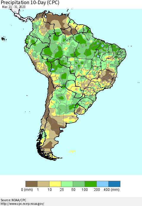 South America Precipitation 10-Day (CPC) Thematic Map For 3/21/2023 - 3/31/2023