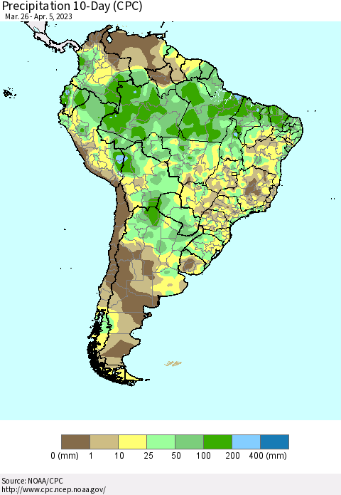 South America Precipitation 10-Day (CPC) Thematic Map For 3/26/2023 - 4/5/2023