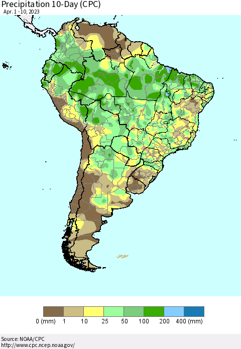 South America Precipitation 10-Day (CPC) Thematic Map For 4/1/2023 - 4/10/2023