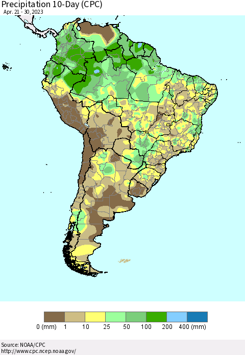 South America Precipitation 10-Day (CPC) Thematic Map For 4/21/2023 - 4/30/2023