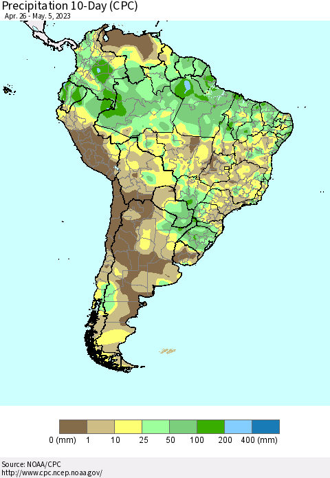 South America Precipitation 10-Day (CPC) Thematic Map For 4/26/2023 - 5/5/2023
