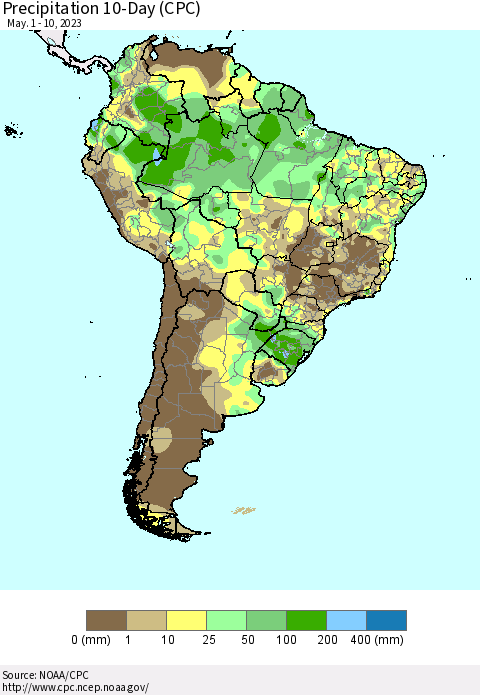 South America Precipitation 10-Day (CPC) Thematic Map For 5/1/2023 - 5/10/2023