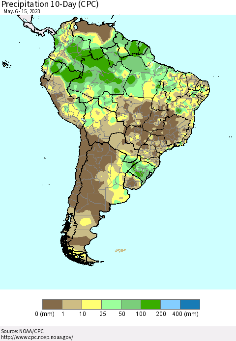 South America Precipitation 10-Day (CPC) Thematic Map For 5/6/2023 - 5/15/2023