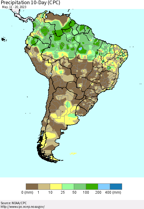 South America Precipitation 10-Day (CPC) Thematic Map For 5/11/2023 - 5/20/2023