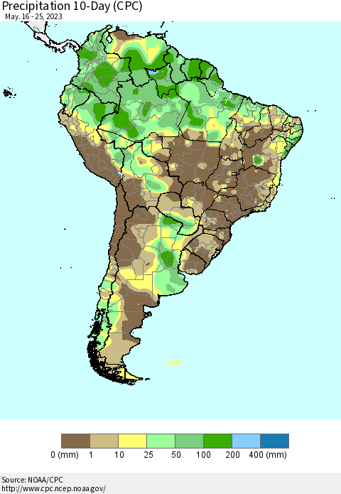 South America Precipitation 10-Day (CPC) Thematic Map For 5/16/2023 - 5/25/2023