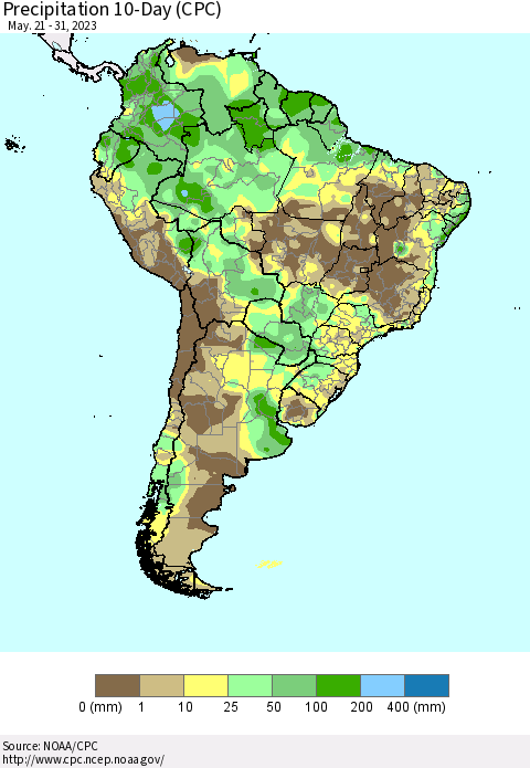 South America Precipitation 10-Day (CPC) Thematic Map For 5/21/2023 - 5/31/2023