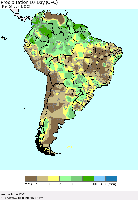 South America Precipitation 10-Day (CPC) Thematic Map For 5/26/2023 - 6/5/2023