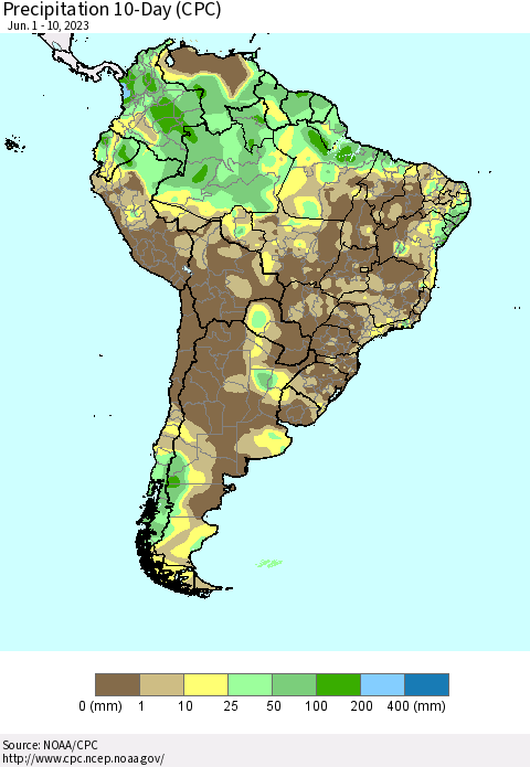 South America Precipitation 10-Day (CPC) Thematic Map For 6/1/2023 - 6/10/2023