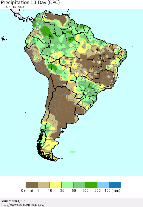 South America Precipitation 10-Day (CPC) Thematic Map For 6/6/2023 - 6/15/2023