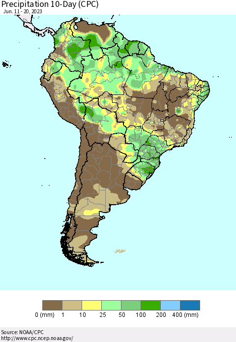 South America Precipitation 10-Day (CPC) Thematic Map For 6/11/2023 - 6/20/2023