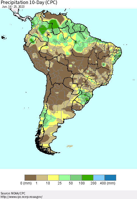 South America Precipitation 10-Day (CPC) Thematic Map For 6/16/2023 - 6/25/2023