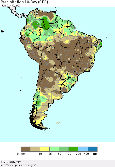 South America Precipitation 10-Day (CPC) Thematic Map For 6/21/2023 - 6/30/2023