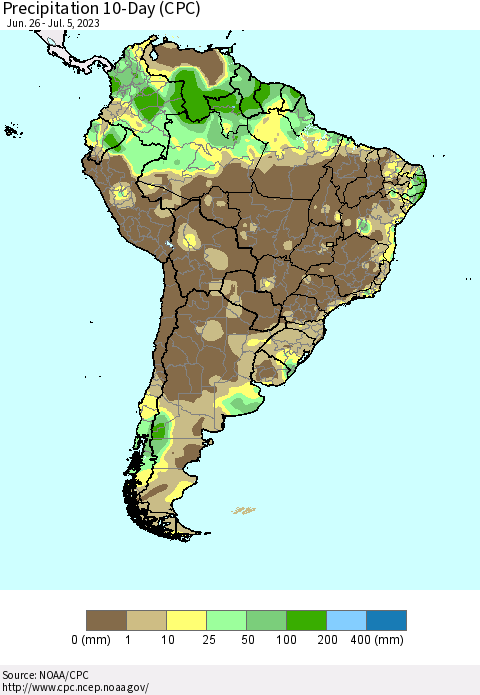South America Precipitation 10-Day (CPC) Thematic Map For 6/26/2023 - 7/5/2023